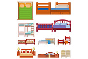 Vector bed icon set interior home rest collection sleep furniture comfortable night illustration.