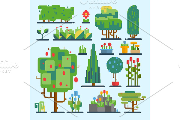 Funny cartoon fantasy game garden tree set vector nature elements enviroment wood graphic illustration