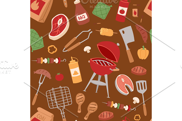 Barbecue home or restaurant rarty dinner products bbq grilling kitchen equipment vector seamless pattern