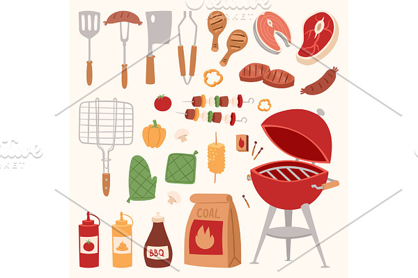 Barbecue home or restaurant rarty dinner products bbq grilling kitchen equipment vector flat illustration