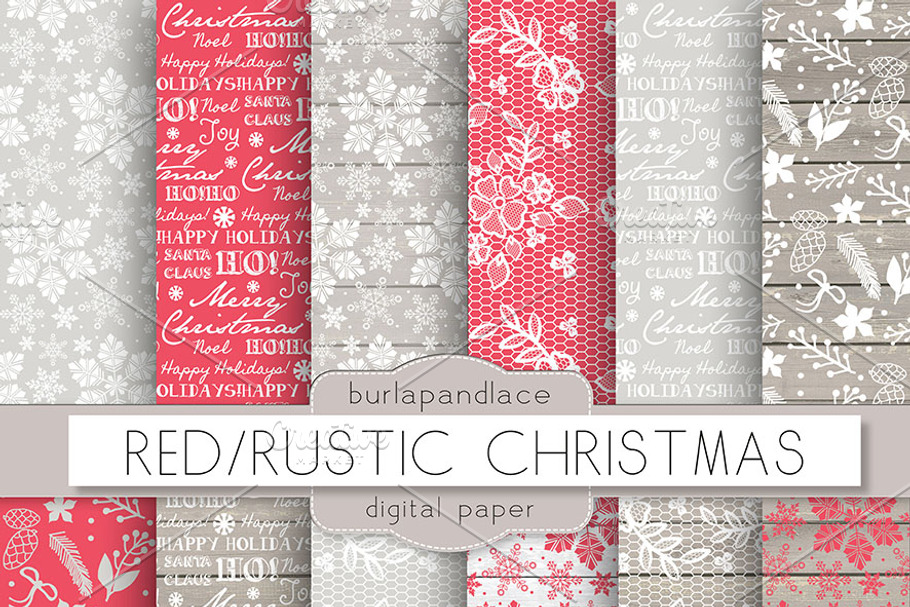 Red/Rustic christmas digital paper in Patterns - product preview 8
