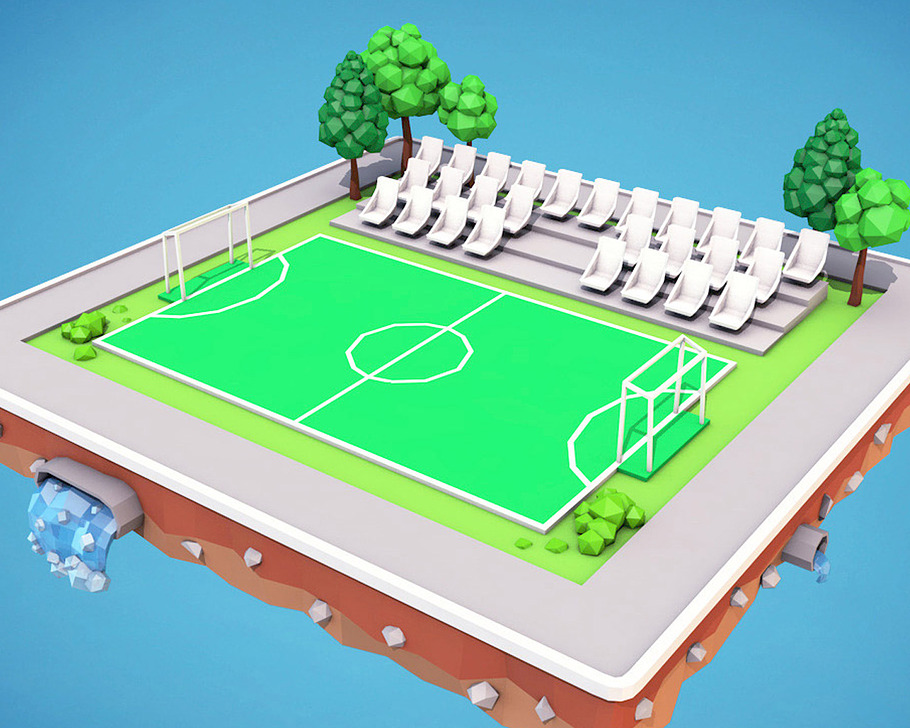 Cartoon Football Field Low Poly 3D in Architecture - product preview 2