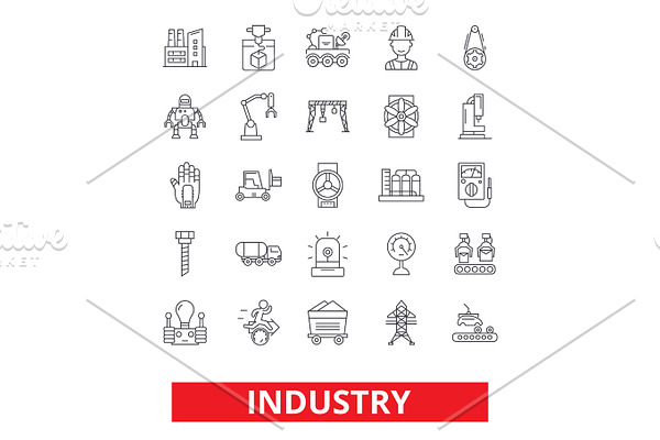 Industry, factory, manufacturing, assembly, engineering, industrial plant worker line icons. Editable strokes. Flat design vector illustration symbol concept. Linear signs isolated on white background