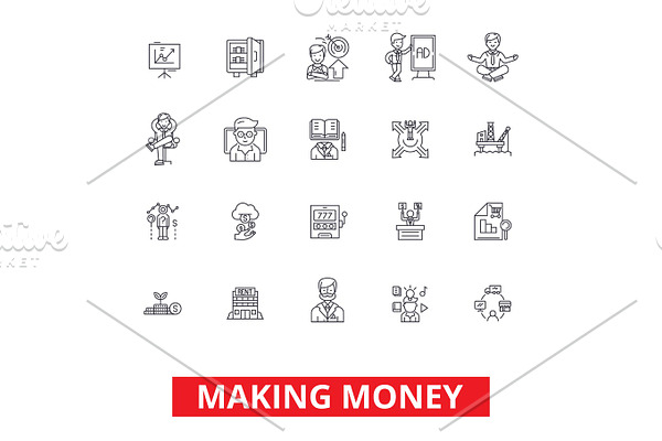 Making money, financial savings, business success, investment, finance income line icons. Editable strokes. Flat design vector illustration symbol concept. Linear signs isolated on white background