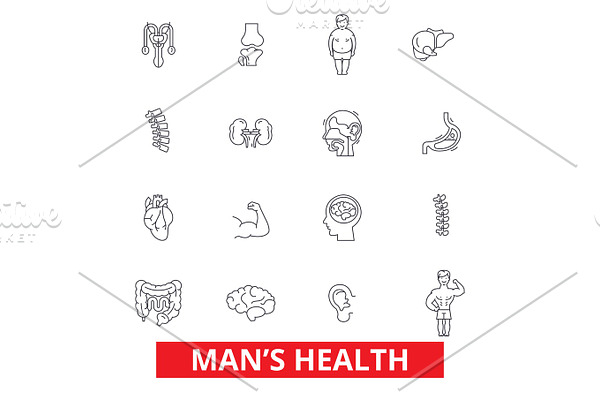 Mens health, healthy fitness lifestyle, active sport man, urology, cardiology line icons. Editable strokes. Flat design vector illustration symbol concept. Linear signs isolated on white background