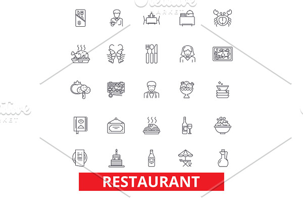 Restaurant, diner, menu, pub, culinary, bar, eating, cafe, food, cooking, dining line icons. Editable strokes. Flat design vector illustration symbol concept. Linear signs isolated on white background