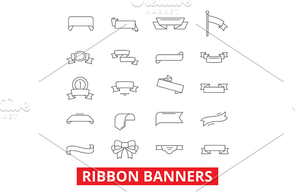 Ribbon banners, frame, label, tag, bow, vintage design trophy, template awards line icons. Editable strokes. Flat design vector illustration symbol concept. Linear signs isolated on white background