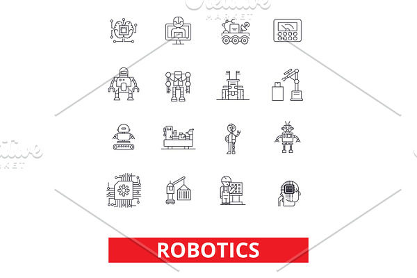 Robotics, android, cyborg, robot, factory, industrial plant, future technology line icons. Editable strokes. Flat design vector illustration symbol concept. Linear signs isolated on white background