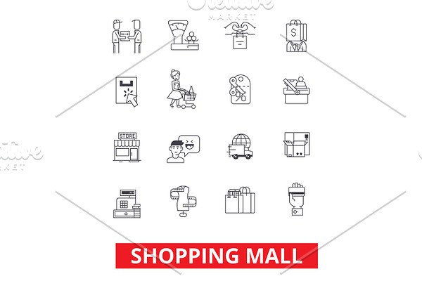 Shopping mall, online payment, retail sales, family shop, fashion store, purchases icons. Editable strokes. Flat design vector illustration symbol concept. Line signs isolated on white background