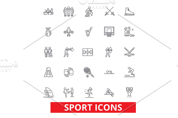 Sport, football, soccer, box, hockey, running, athlete, training, gym, tennis line icons. Editable strokes. Flat design vector illustration symbol concept. Linear signs isolated on white background