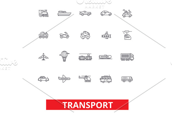 Transport car, truck, ship, tram, bus, delivery, vehicle, logistics, motorcycle line icons. Editable strokes. Flat design vector illustration symbol concept. Linear signs isolated on white background