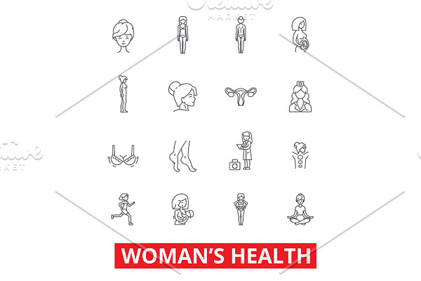Womens health, fitness healthy woman, breast, obstetrics, legs, gynecology, diet line icons. Editable strokes. Flat design vector illustration symbol concept. Linear signs isolated on white background