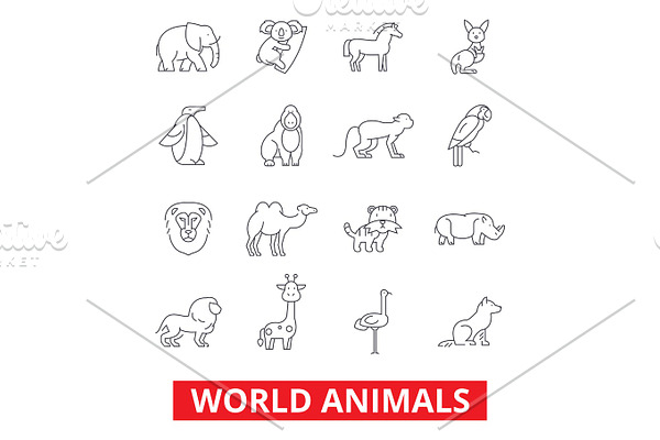 World animals, giraffe, zebra, zoo parrot, hippo, pets, fox, monkey, tiger, bird line icons. Editable strokes. Flat design vector illustration symbol concept. Linear signs isolated on white background