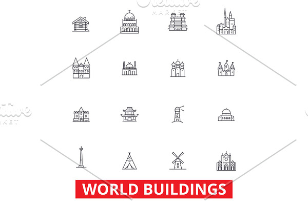 World buildings, pagoda, cottage, villa, mansion, church, temple, real estate line icons. Editable strokes. Flat design vector illustration symbol concept. Linear signs isolated on white background