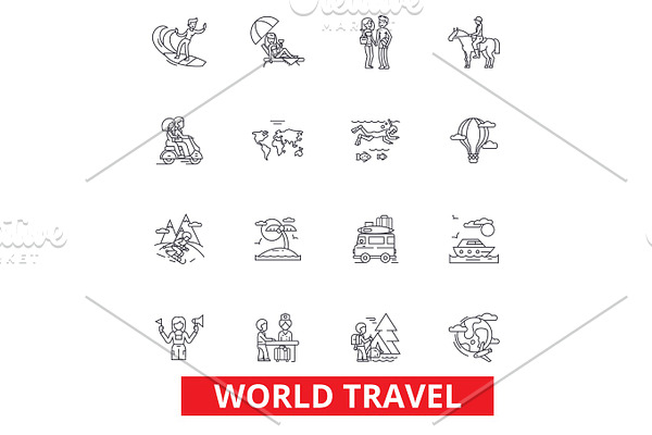 World travel, winter tourism, skiing, diving, flight, summer beach vacation line icons. Editable strokes. Flat design vector ill