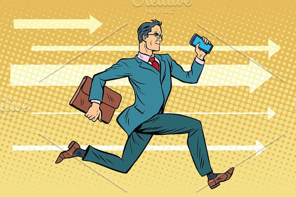 Businessman with a smartphone running fast forward