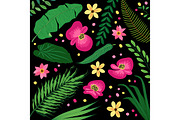 Beautiful botanical pattern with tropical flowers and foliage as banana palm tree leaves