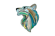 Vintage wolf head with colorful ethnic ornament. 