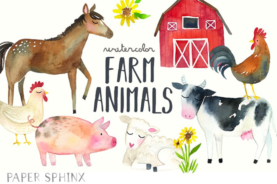 Watercolor Farm Animals Clipart Pack