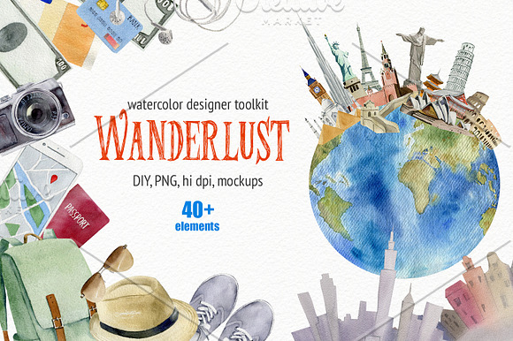 Wanderlust watercolor design toolkit in Illustrations - product preview 2