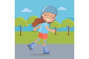 Young Girl in Helmet Roller Skate in Park. Vector