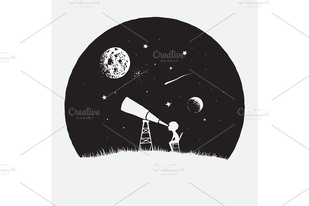 Little boy looks to through a telescope to space in Illustrations - product preview 8