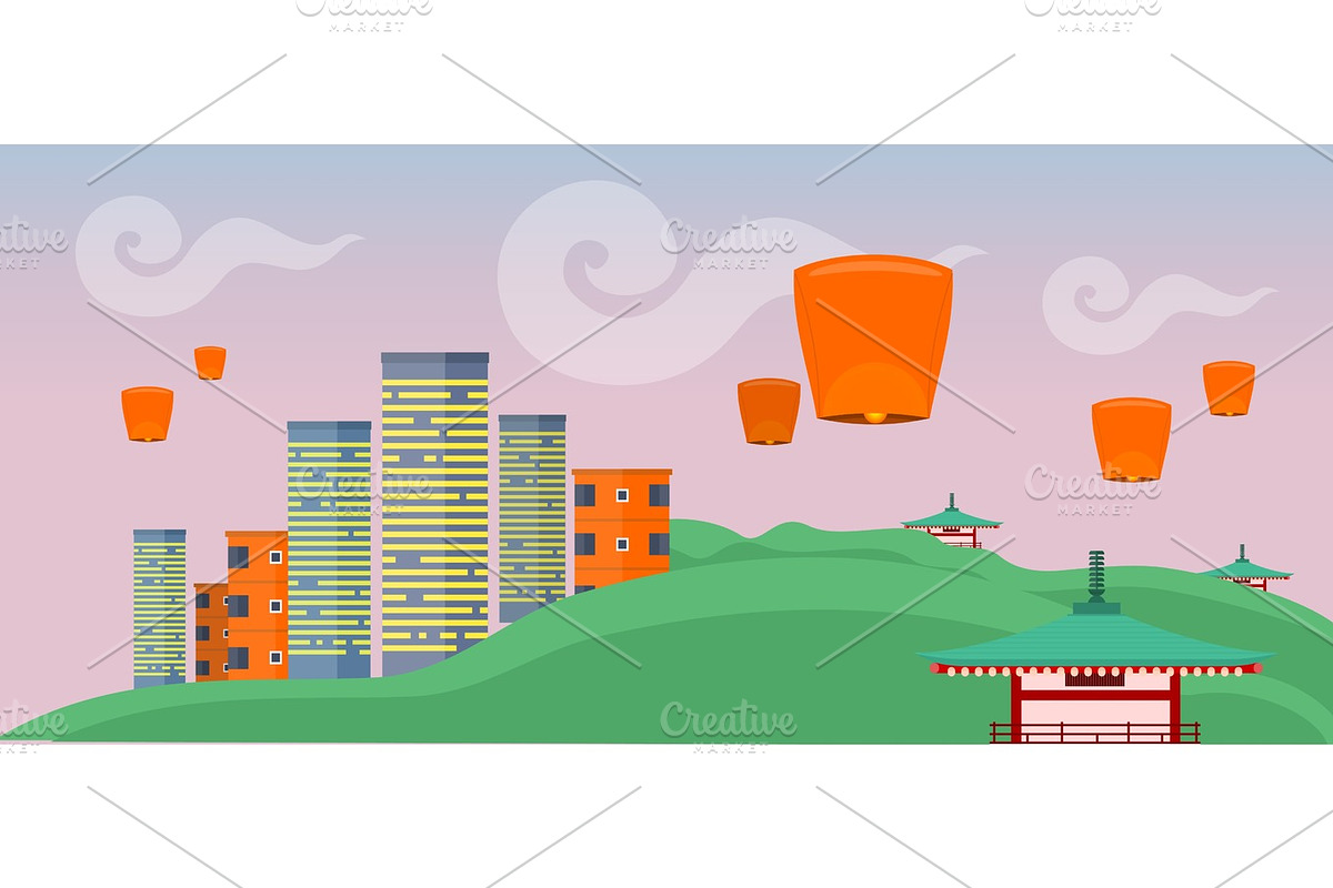Asian Landscape with Modern and Ancient Buildings. in Illustrations - product preview 8