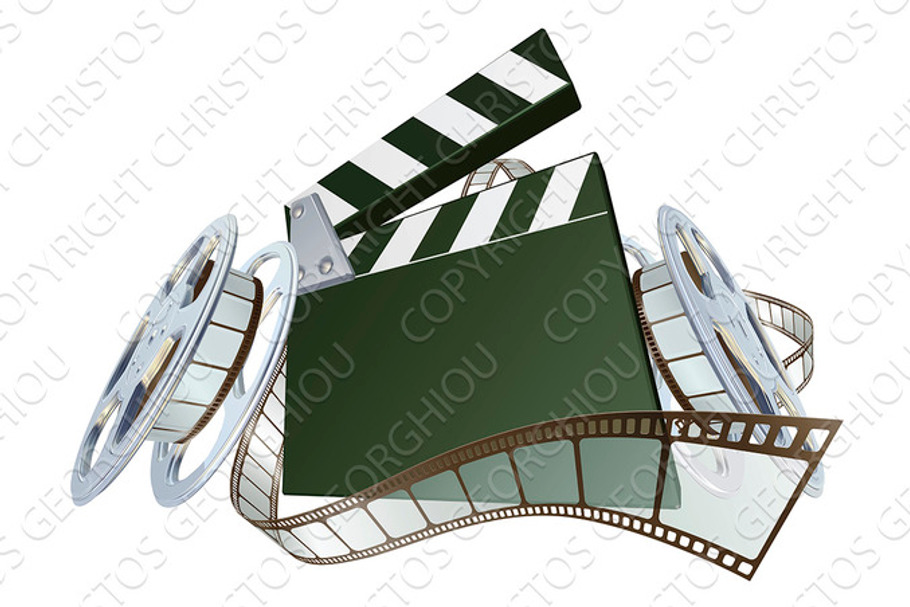 Film clapperboard and movie film reels