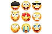 Smiley set with 3d glasses,smiling emoticon. Yellow face with emotions. Facial expression. 3d realistic emoji. Funny cartoon character.Mood. Web icon. Vector illustration.