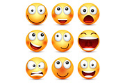 Smiley set,smiling emoticon. Yellow face with emotions. Facial expression. 3d realistic emoji. Funny cartoon character.Mood. Web icon. Vector illustration.