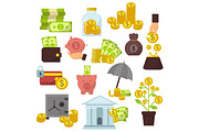 Set of flat design concept money icons for finance banking online payment dollar buck cash note commerce vector