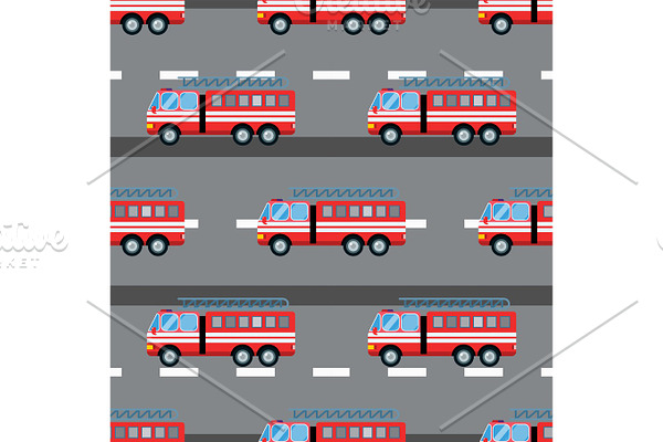 Fire truck car vector illustration seamless pattern cartoon fast emergency service transportation
