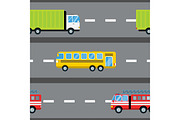 Fire truck car cartoon delivery transport cargo bus logistic seamless pattern vector illustration.