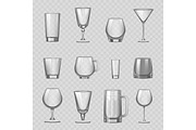 Transparent empty glasses and stemware drinks tumbler mug cups reservoir vessel realistic vector illustration