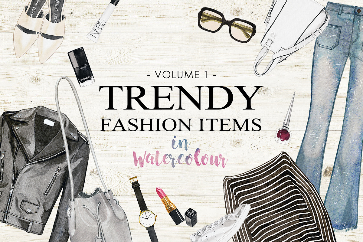 Trendy Fashion Items in Watercolor in Illustrations - product preview 8