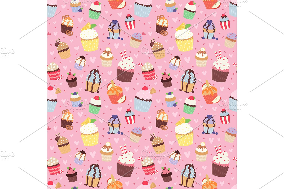 Set of cute vector cupcakes and muffins seamless pattern in Illustrations - product preview 8