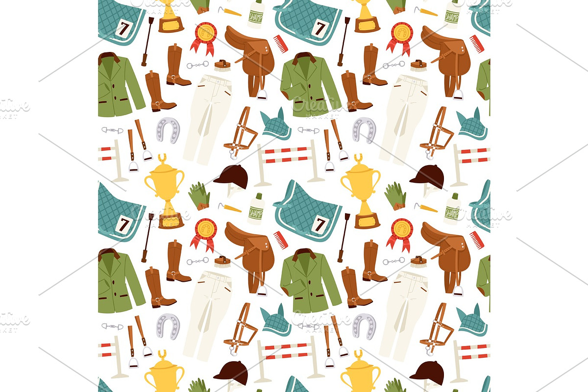 Flat color jockey icons set with equipment seamless pattern vector in Illustrations - product preview 8