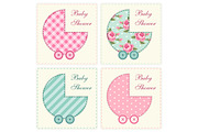 Cute baby shower invitation as retro fabric applique of baby carriage in shabby chic style