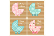 Cute baby shower invitation as retro fabric applique of baby carriage in shabby chic style