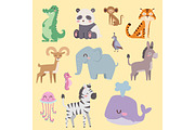 Cute zoo cartoon animals isolated funny wildlife learn cute language and tropical nature safari mammal jungle tall characters vector illustration.
