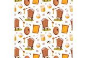Apiary honey bee houses seamless pattern vector illustrations