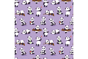 Panda bear cude character different pose vector seamless pattern