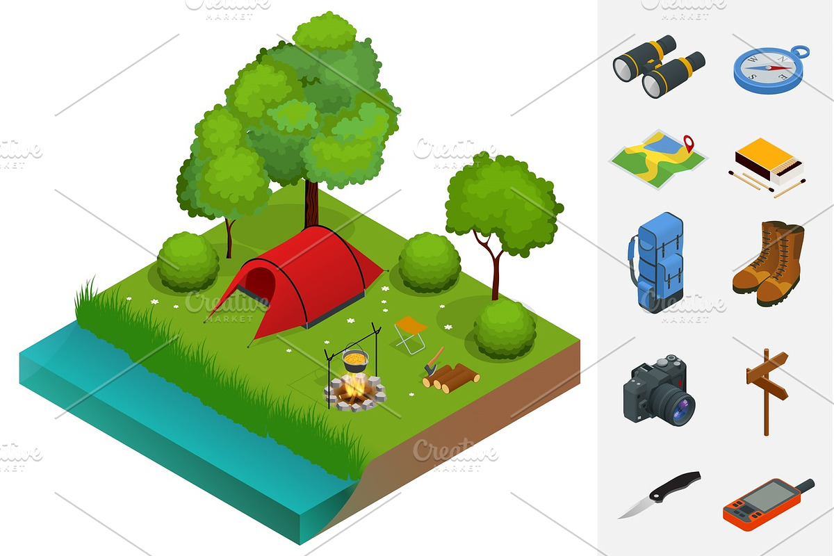 Summer Camping and tent near a river or lake. Flat 3d vector isometric illustration. Vacation and holiday concept. in Illustrations - product preview 8