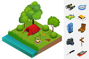 Summer Camping and tent near a river or lake. Flat 3d vector isometric illustration. Vacation and holiday concept.