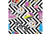 Seamless Pattern with Cap, Cat, Glasses, Thunder
