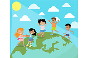 Happy Children Dancing on Planet Earth Flat Vector