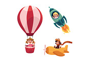 Kids, children flying in aircrafts - plane, rocket, hot air balloon