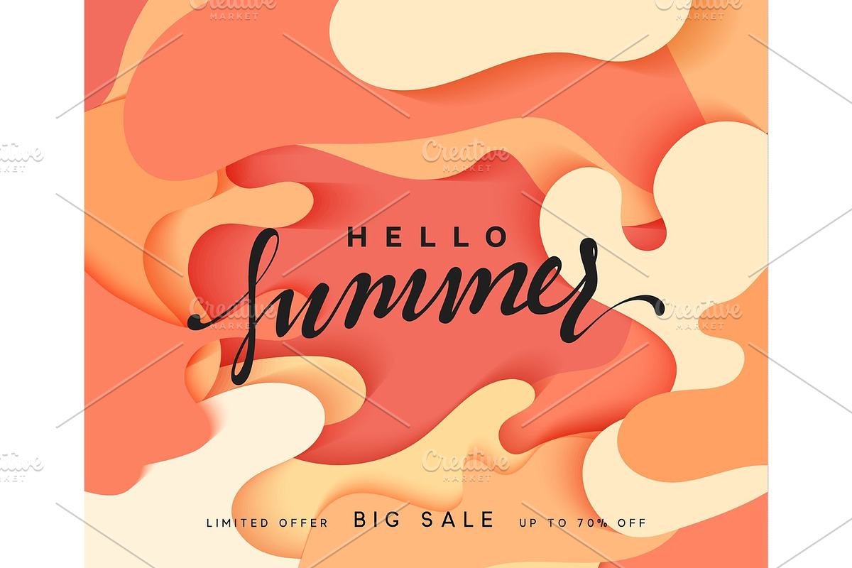 Hello Summer banner. Melted 3D colorful background in style paper art illustration in Illustrations - product preview 8