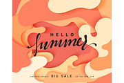Hello Summer banner. Melted 3D colorful background in style paper art illustration