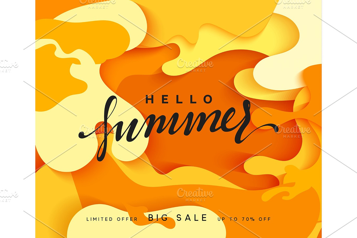 Hello Summer banner. Melted 3D colorful background in style paper art illustration in Illustrations - product preview 8